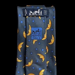 HERMES MEN'S TIE BLUE, YELLOW MOONS and BLUE STARS O/S